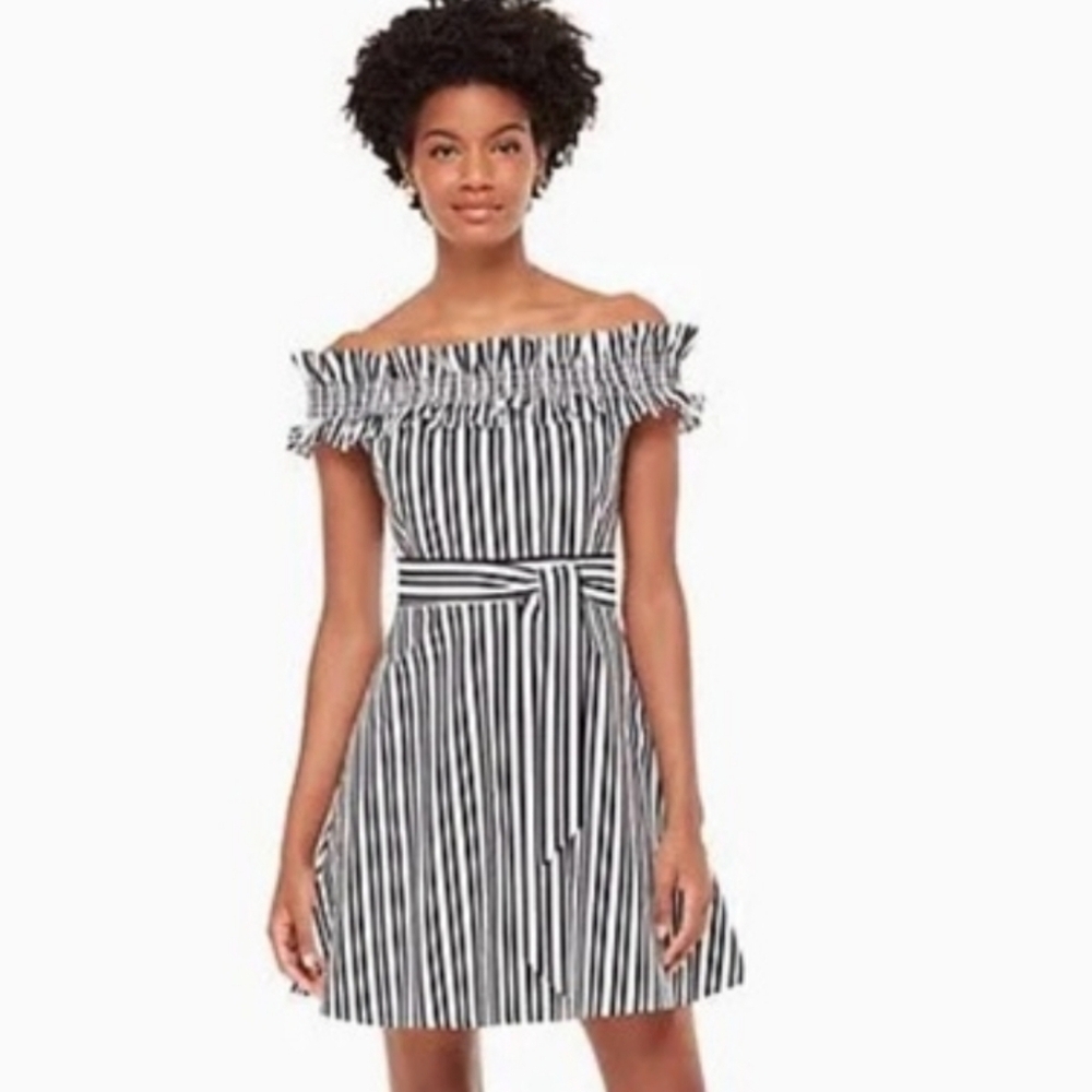 KATE SPADE NEW YORK Black & White Candy‎ Stripe Off-the-Shoulder Dress Size 8